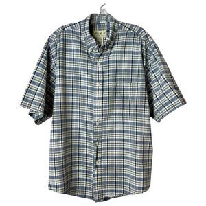 Eddie Bauer Short Sleeve Plaid Button Front Shirt White Blue Yellow Mens Large